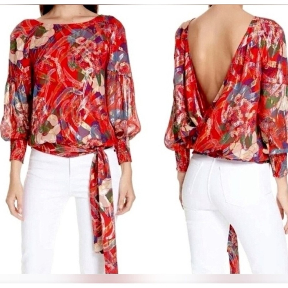 Ba&sh July Open Back Red Floral Silk Metallic Top US 6 Designer Luxury Night Out